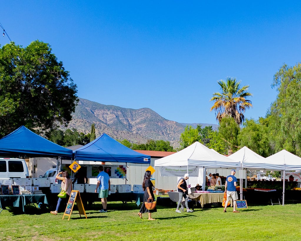 Shoppers and vendors at the Ojai Certified Farmers Market.